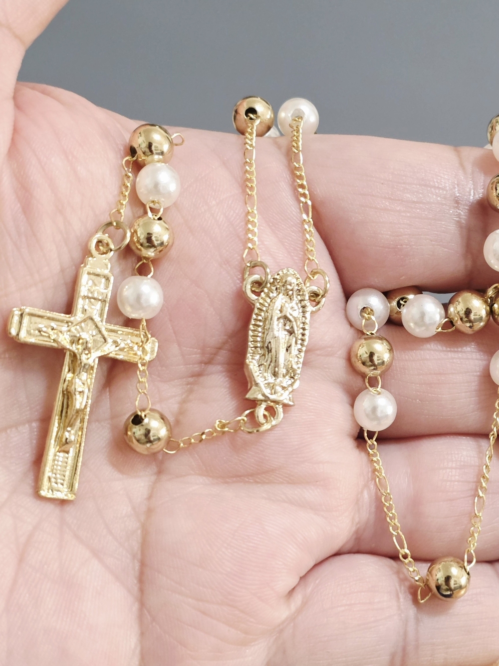Classic 14k Gold Plated and Pearl Rosary Necklace - Religious Jewelry
